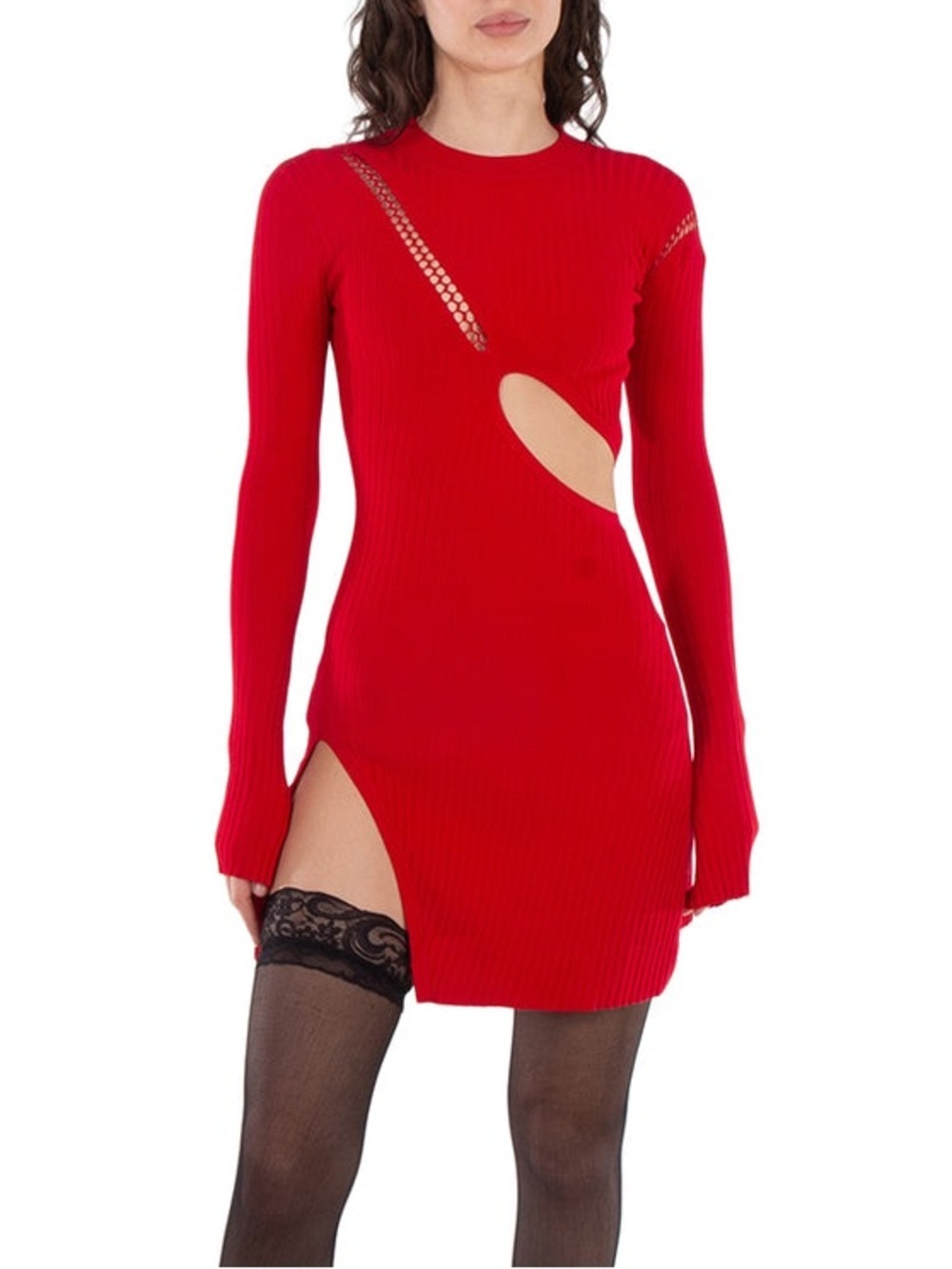 The Attico Red Ribbed Long Sleeve Cutout Mini Dress